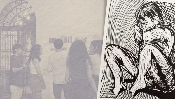 Fotomontagem de registro da exposição e detalhe da gravura da artista Ana Costalima. 